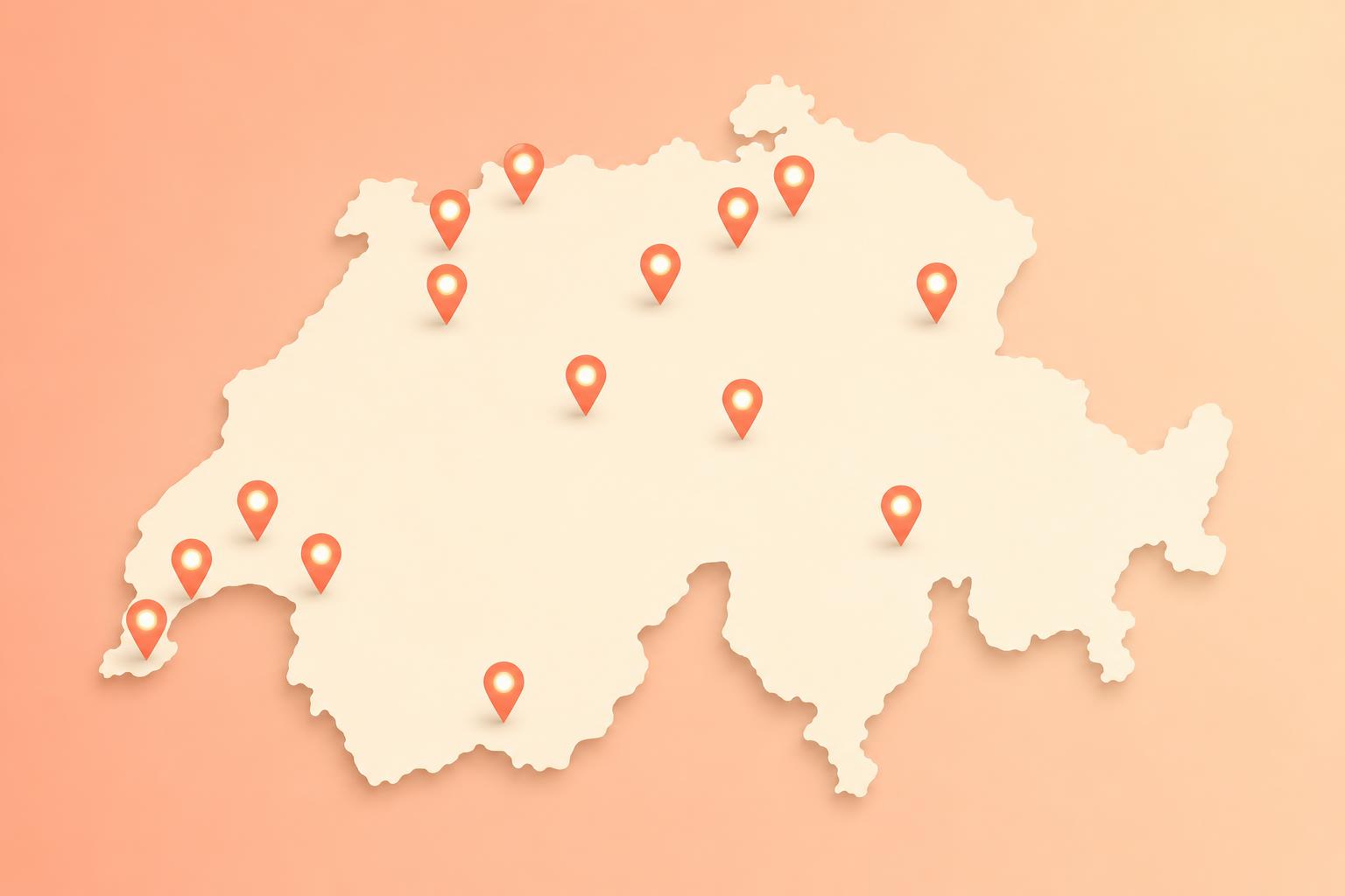 Karte der Schweiz mit markierten Orten verpasster Begegnungen in Zürich, Bern, Basel, Genf, Lausanne und Luzern